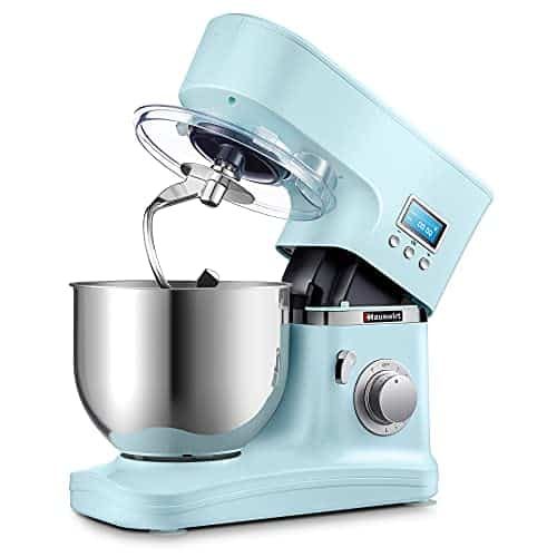 Hauswirt Batidora Amasadora de Pan, 1000W Amasadora Repostería Profesional con Temporizador de Pantalla, 8 Velocidades Multifuncional Robot de Cocina con Amasador, Batidor, Varillas, Azul